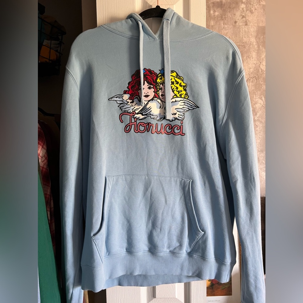 Baby blue fiorucci hoodie. Used once. Size XL . 24”X24”